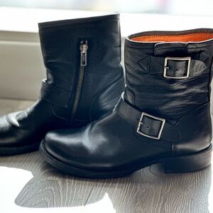 Frye Black Leather Ankle Boots with Silver Buckles